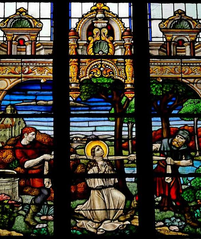 Fenster mit Darstellung des Todes der Heiligen Godeleva. Fenster mit Darstellung des Todes der Heiligen Godeleva.