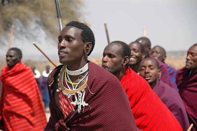 Massai-Dorf Obedi der Eintritt bezahlt, rückt die Phalanx der hochgewachsenen Männer und Frauen an und beginnt zu singen und zu tanzen Leopard mit Beute im Baum