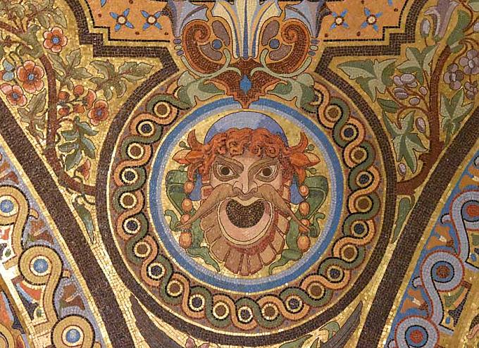 Mosaik mit Darstellung einer Maske. Mosaik mit Darstellung einer Maske.