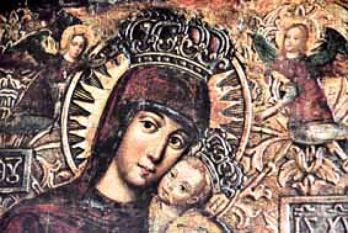 Das Mosaik "Blick in die Ewigkeit" gibt den oberen Teil der galizischen barocken Ikone von der Jungfrau Eleusa aus dem 17. Jahrhundert wieder. Besucher betrachten das Mosaik.