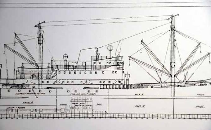 Bauplan der MS Mauritius. Modell des Werftgeländes.