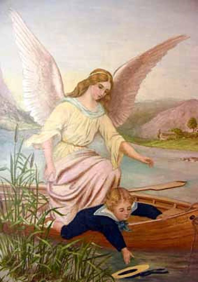 Farblithographie. Engel schützt Kind vor Ertrinken. Farblithographie. Engel schützt Kind vor Ertrinken.