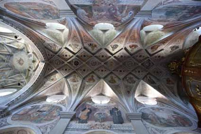 Blick ins Netzgewölbe des Langhauses. Blick ins Netzgewölbe des Langhauses.