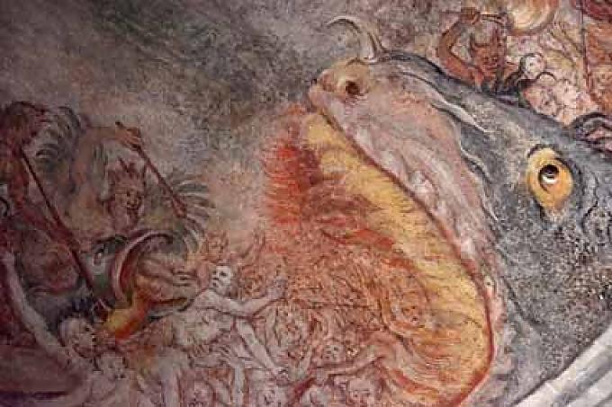 Fresko am Eingang der Kirche mit einer Darstellung des Jüngsten Gerichtes. Fresko am Eingang der Kirche mit einer Darstellung des Jüngsten Gerichtes.