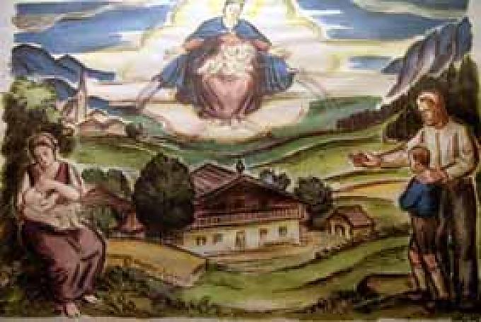 Urkunde im Flur der Gaststube vom 21. April 1935, die besagt, das dass Geschlecht der Leitner seit 1687 ununterbrochen besitzt. Auf der Urkunde schwebt eine Madonna mit dem Christuskind schützend über dem Gebäude. Urkunde im Flur der Gaststube vom 21. April 1935, die besagt, das dass Geschlecht der Leitner seit 1687 ununterbrochen besitzt. Auf der Urkunde schwebt eine Madonna mit dem Christuskind schützend über dem Gebäude.