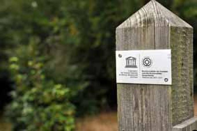 Hinweisschild Alte Eichen an einem steilen Hang