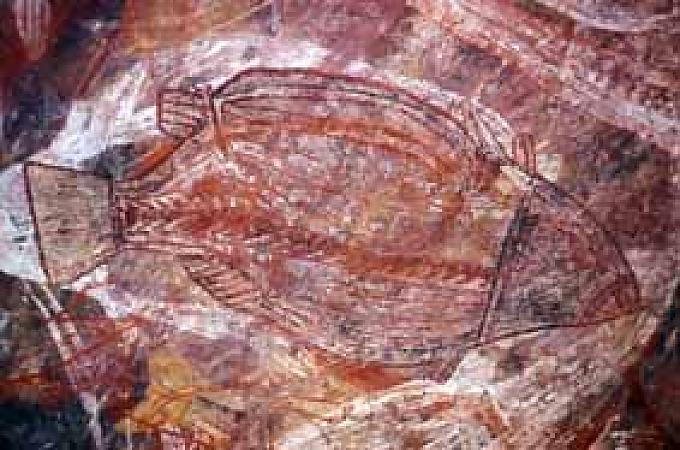 Felskunst der Aborigines. Nourlangie Rock. Barramundi Fische im Röntgenstil. Mitchell Falls in Australien