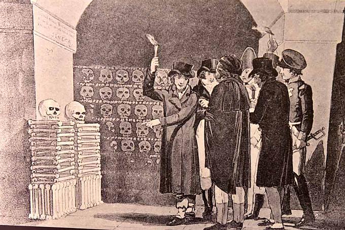 Besucher in den Katakomben von Paris, historische Postkarte von 1822. Besucher in den Katakomben.