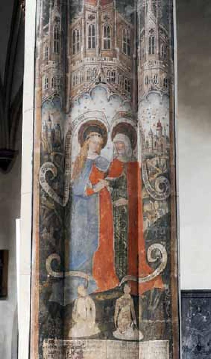 Maria zu Besuch bei Elisabeth (Heimsuchung, 1472). Der achteinhalb Meter hohe Christophorus