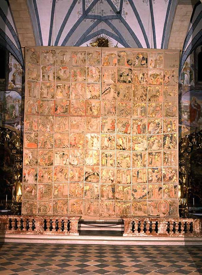 Das Fastentuch im Dom von Gurk Die Flucht nach Ägypten: Maria reitet mit dem Kind auf einem Esel, Josef führt das Reittier