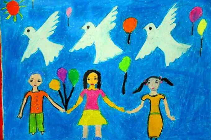"Freundschaft und Frieden" von Nguyen Huynh Hoang, 10 Jahre, Binh Thann. "Freundschaft und Frieden" von Nguyen Huynh Hoang, 10 Jahre, Binh Thann.