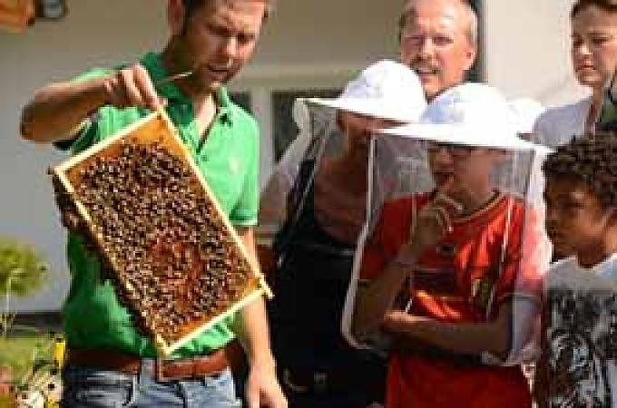 Imker Arno Kronhofer beim Bienen-Schnupperkurs mit Teilnehmern Imker Arno Kronhofer beim Bienen-Schnupperkurs mit Teilnehmern