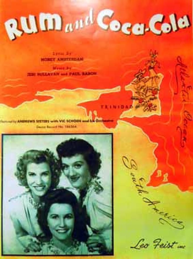 Werbeplakat für die Schallplatte „Rum and Coca-Cola“ von den Andrews Sisters.