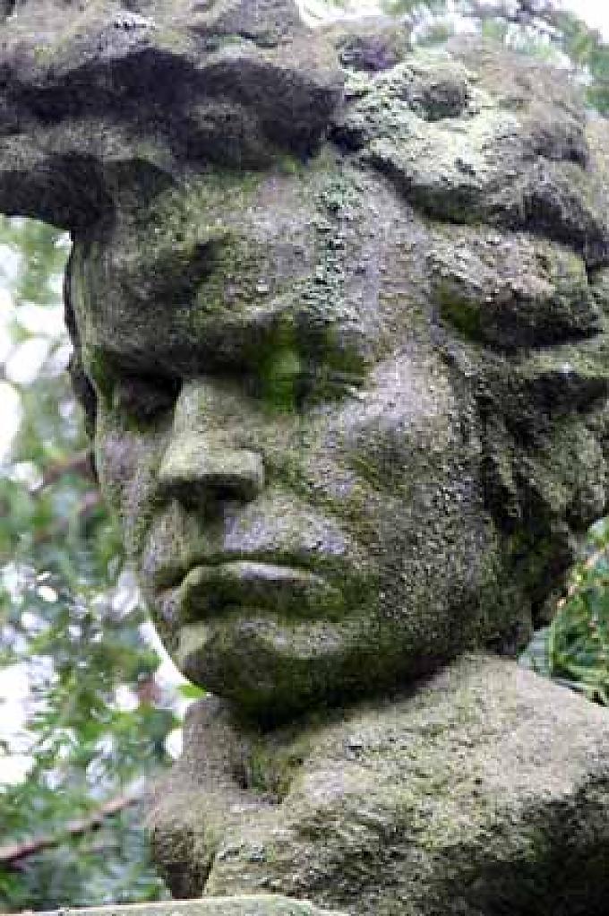 Mit dünnem Moos überzogene Beethoven-Büste 