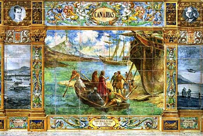 Darstellung der Ankunft von Christoph Kolumbus mit seinen Schiffen in Las Palmas