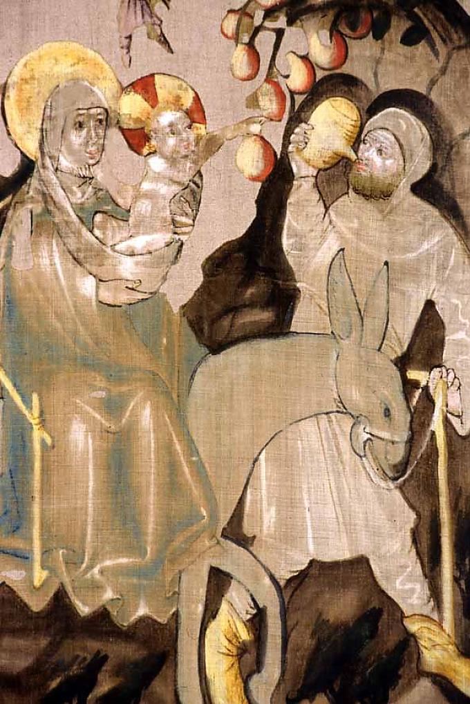 Die Flucht nach Ägypten: Maria reitet mit dem Kind auf einem Esel, Josef führt das Reittier Die Flucht nach Ägypten: Maria reitet mit dem Kind auf einem Esel, Josef führt das Reittier