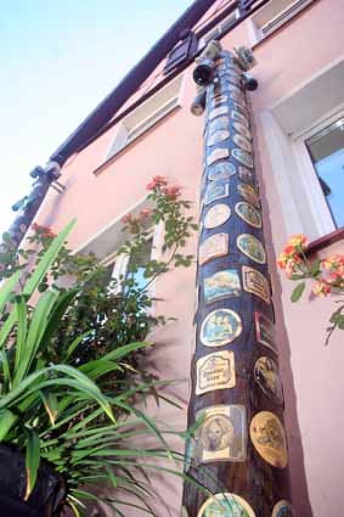 Bierdeckelbaum vor dem Haus. Bierdeckel mit Spaltener Hopfenhalle.
