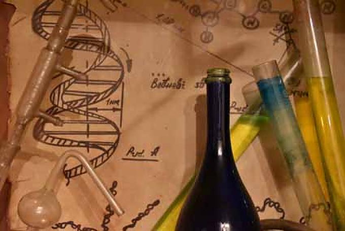 Von der Decke hängen getrocknete Kräuter, an der Wand stehen mit krakeliger Schrift chemische Formeln geschrieben, es riecht feucht und geheimnisvoll. Von der Decke hängen getrocknete Kräuter, an der Wand stehen mit krakeliger Schrift chemische Formeln geschrieben, es riecht feucht und geheimnisvoll.