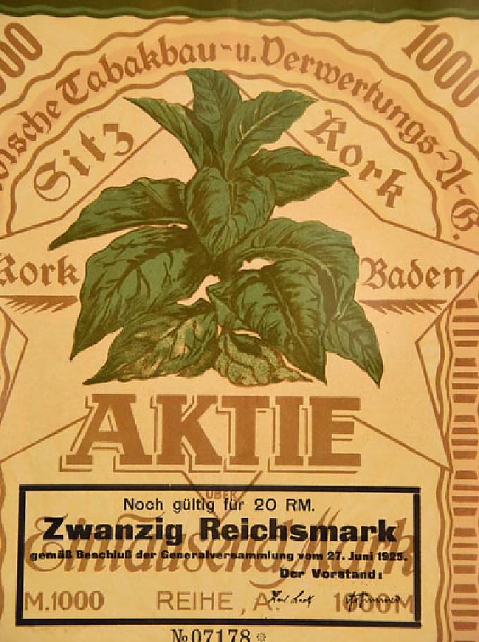 Aktie der Badischen Tabakbau- und Verwertungs-A.G. Aktie unterzeichnet von Rockefeller John D. aus dem Jahr 1877.