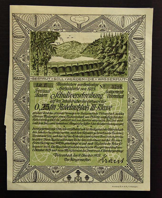 Schuldverschreibung auf den Inhaber über den Holzwert für 0,25 fm Nadelnutzholz III. Klasse von der Stadt Vörenbach. Aktie unterzeichnet von Rockefeller John D. aus dem Jahr 1877.