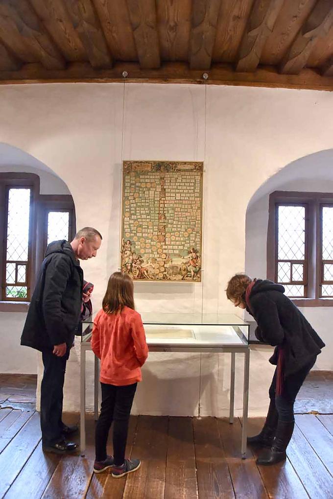 Familie betrachtet das Dokument zur ersten herzoglich-würtembergische Verfügung Einberufung des Landtags zum 11. März 1605. Familie in einer Fensternische mit Sitzbänken.