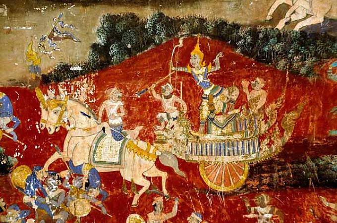 Szene aus dem Epos Ramayana. Rama im Streitwagen. Silberpagode.