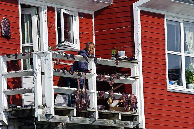 Rentierfleisch trocknet in der Sonne Fischmarkt in Nuuk