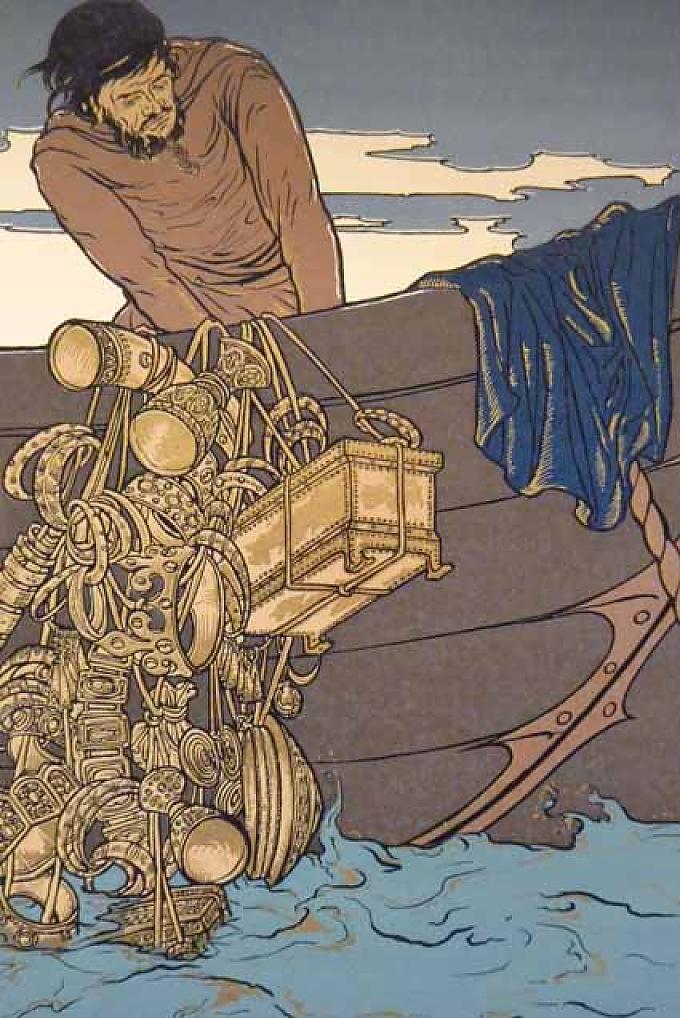 Jugendstil-Darstellung: Versenkung des Nibelungen-Horts im Rhein Römische Herberge im Archäologischen Park