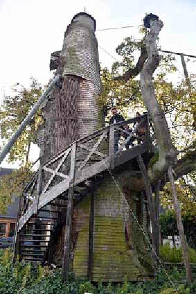 Zwei Touristen stehen vor dem Marienaltar in der Baumkapelle in La Haye-du-Routot 