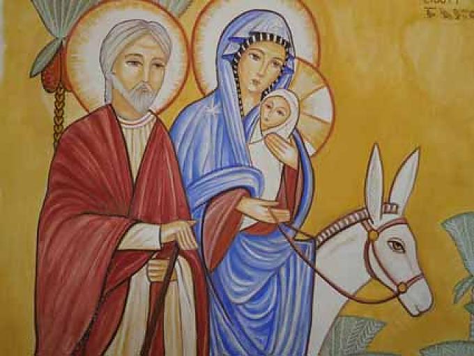 Wandbild im koptischen Kloster mit einer Darstellung der Flucht nach Ägypten Wandbild im koptischen Kloster mit einer Darstellung der Flucht nach Ägypten