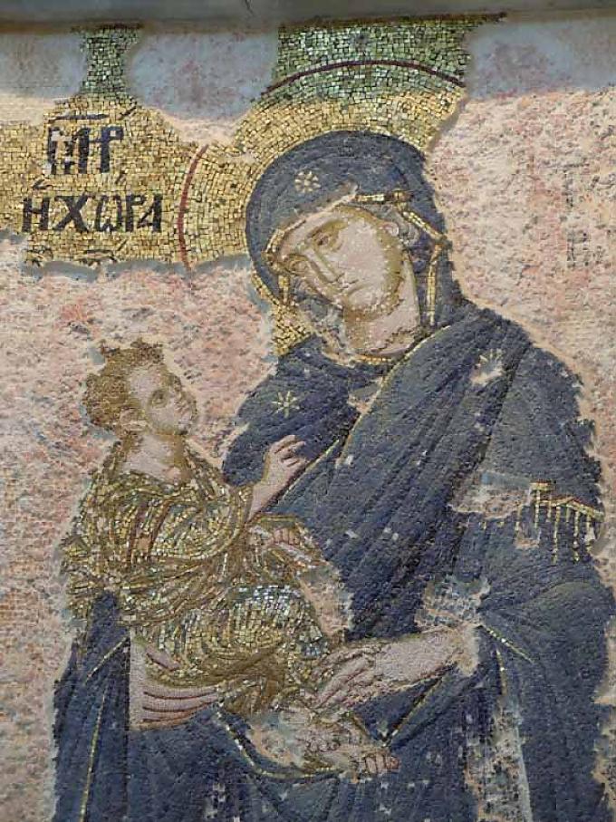 Maria Hodigitria, Mosaik von Anfang des 14. Jahrhunderts. Hochzeit zu Kanaa, Verwandlung von Wasser zu Wein. Byzanthinische Mosaike aus dem 14. Jahrhundert.