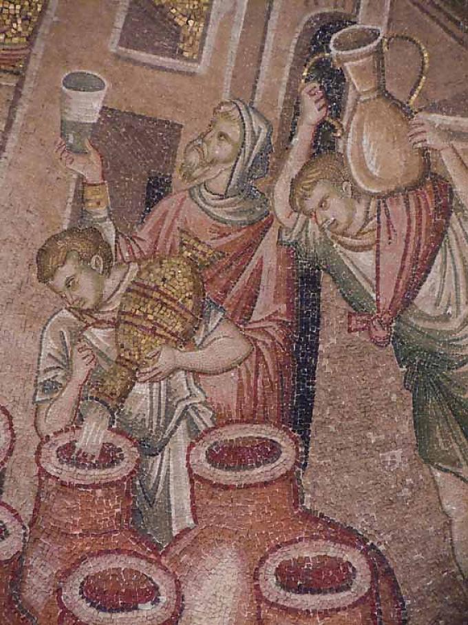 Hochzeit zu Kanaa, Verwandlung von Wasser zu Wein. Byzanthinische Mosaike aus dem 14. Jahrhundert. Hochzeit zu Kanaa, Verwandlung von Wasser zu Wein. Byzanthinische Mosaike aus dem 14. Jahrhundert.