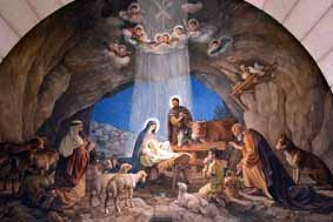 Fresko mit der Geburt Christi in der Kirche auf dem Hirtenfeld Fresko mit der Geburt Christi in der Kirche auf dem Hirtenfeld