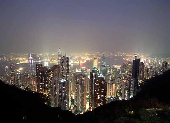 Blick von Peak bei Nacht Skyline von Hongkong